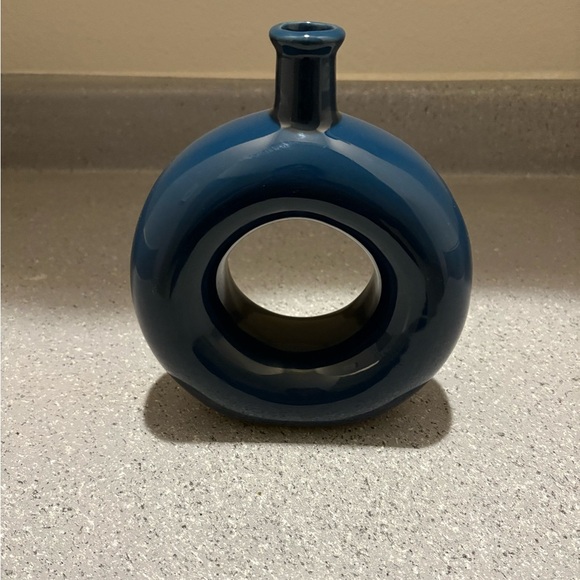 Modern Round Donut Hole Ceramic Vase – Navy Blue, 7” x 6” - Picture 3 of 4